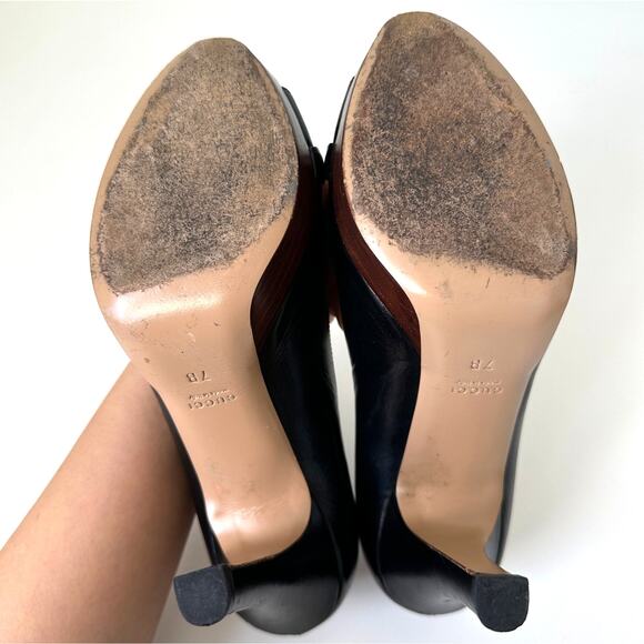 Gucci Classic Horsebit Black Leather Peep Toe Platform Heel Pumps Size 7 B - Picture 13 of 14